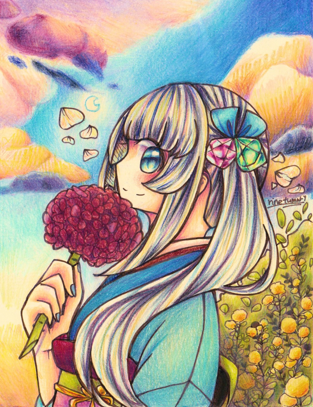 【色鉛筆】赤紫陽花と雨花
